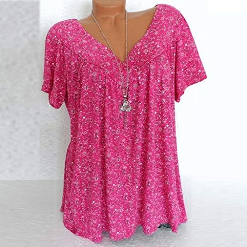 Topuri de vară pentru femei Plus Size, bluze florale Bluze tunică cu gât în V bluze cu volane tricouri de bază Cu mânecă scurtă,