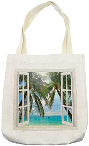 Geantă de tote tropicală Amensonne, fereastră către exotica plajă peisaj compoziție pastorală cu palmieri, lenjerie de pânză