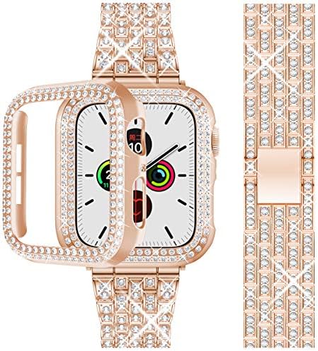 Beuxece Bling Band compatibil Apple Watch cu carcasă 38 40 42 41 45mm iWatch Series 3 4 5 6 7 8 SE, bijuterii din Metal stras brățară cu diamante brățară înlocuire curea pentru femei, Aur Roz