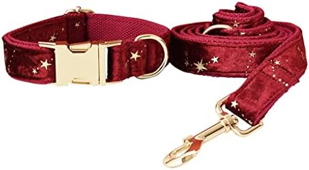 Guler personalizat de câine personalizat de Crăciun cu guler cu papion roșu din catifea roșie și lesă cu Golden Stars Festival