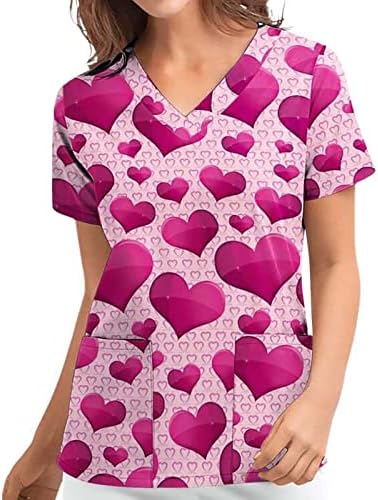 Femei Scrubs Ziua Îndrăgostiților Love Heart imprimat cu mânecă scurtă în V-Neck Pullover uniformă de lucru cu buzunare Tunică Tunică