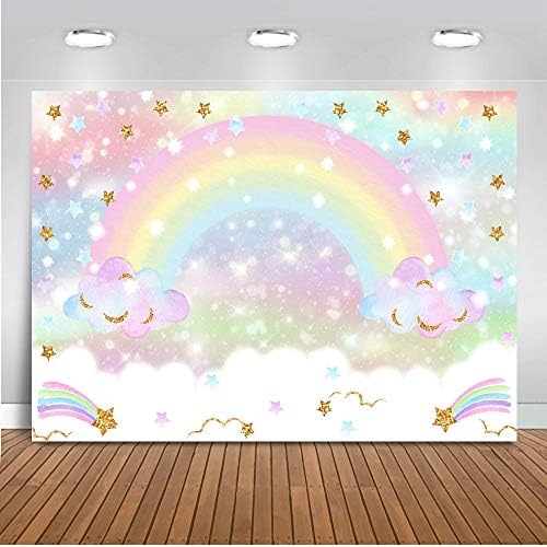 Mocsicka Rainbow fundal 7x5ft Pastel Rainbow ziua de naștere nor sclipici stele pentru decoratiuni de petrecere pentru copii Tort de masă Banner curcubeu Baby Shower fotografie fundal