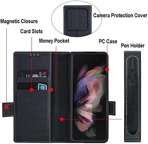 Woluki pentru Samsung Galaxy Z Fold 4 Husă cu suport S Pen, portofel multifuncțional din piele naturală, capac Slide Camera, Suport, Slot S Pen, husă de protecție pentru telefon Galaxy Z Fold4 5g-Negru