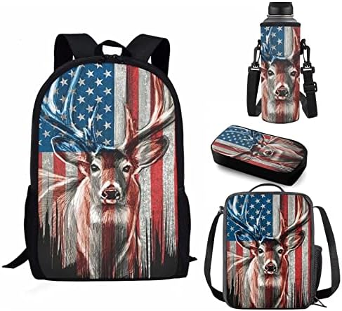 Coloranimal 4 buc American Flag Deer retro Backpack School Bag Set cu cutie de prânz sac/stilou, creion & Cazuri Marker/capac de transport sticla de apa, Teen Kids Bookbag