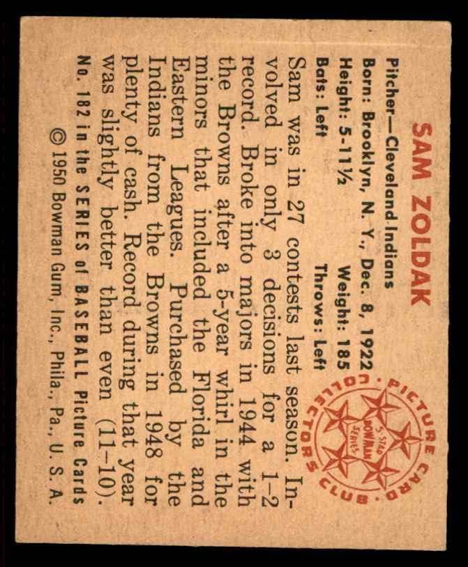 1950 Bowman 182 Sam Zoldak Cleveland Indieni VG/EX Indieni