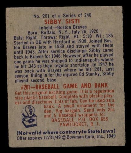 1949 Bowman # 201 Sibby Sisti Boston Braves Braves Good