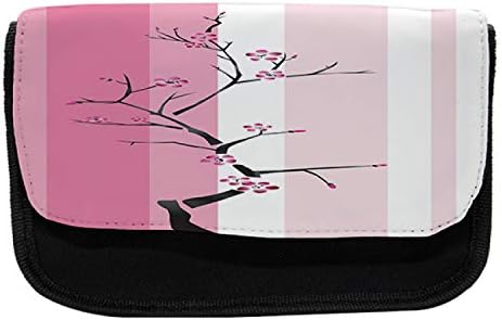 Carcasă de creion japonez lunarabil, copac cu flori roz, pungă de creion cu stilou cu fermoar cu fermoar dublu, 8,5 x 5,5, alb roz