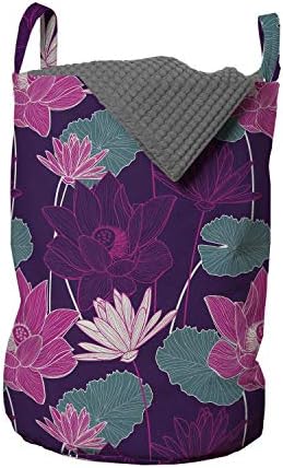 Lunarable Lotus Flower sac de rufe, natura și Ecologia flori înflorite cu frunze ornamentate, coș de coș cu mânere Închidere cu șnur pentru spălătorii, 13 x 19, Roz Violet și Teal