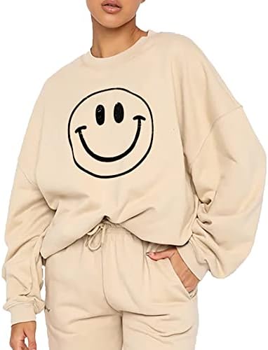 Femei zâmbet față imprimeu grafic Pulover supradimensionat top cu mânecă lungă echipaj gât casual la modă cu glugă cu hanorac cu fleece la modă