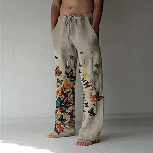 Pantaloni pentru bărbați, pantaloni de lenjerie de bumbac casual pentru bărbați pentru bărbați Drawstring talie elastică buzunar imprimat plajă pantaloni pantaloni pantaloni de pantaloni de yoga