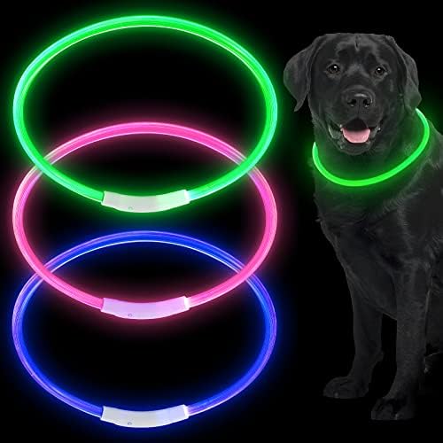 3 bucăți LED Guler pentru animale de companie Lumina gulere pentru câini USB Reîncărcabil cu apă rezistentă la animale de companie Guler Cuttable Glowing Guler Guler pentru animale de companie Buclă pentru câini, roz, verde, albastru