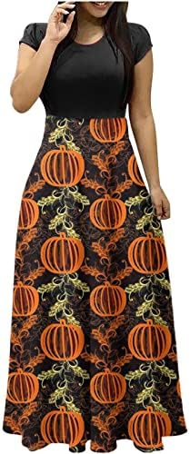 Rochie de Halloween pentru femei maneca scurta Maxi Rochii dovleac imprimare costum Talie mare rotund gat rochie costume Casual