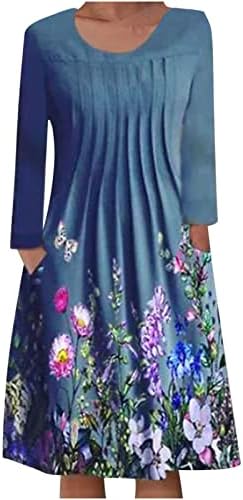 Rochii pentru femei toamna Casual Vrac Maneca lunga plisată Flowy rochie cu buzunar trendy florale imprimate tricou rochie