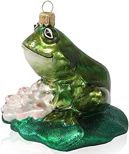 Ediție limitată Kurt Adler Frog and Lotus Ornament - Ornamente de Crăciun pentru animale suflate manual pentru veselie de vacanță,