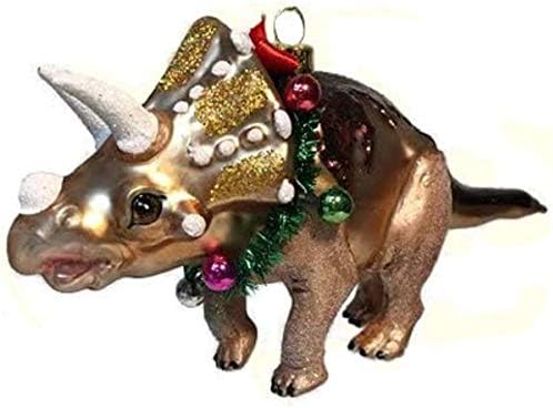 Decembrie Diamonds Blown Sticla Ornament - Triceratops Dinosaur cu ghirlandă de Crăciun