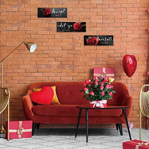 3 PC -uri Red Decor Floare Inspiratie din lemn Artă de trandafiri roșii Decor de birou Decor de perete cu acceptare Let Go au credință citate pozitive pentru fete femei