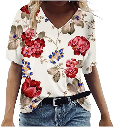 Loose Fit T Shirt pentru femei Plus Dimensiune florale imprimare bluza V Neck maneca scurta tunica topuri Vara casual tricouri