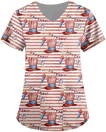4 iulie T-shirt pentru femei Statele Unite ale Americii Pavilion vara maneca scurta V gât tricouri cu 2 buzunare Bluza Top