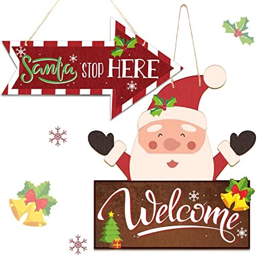 2 bucăți Semn de ușă suspendat de Crăciun Semn de săgeată din lemn Moș Crăciun Stop Here săgeată decor Moș Crăciun Bun venit