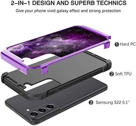 BENTOBEN SAMSUNG GALAXY S22 Carcasă, strălucire subțire în protecția cu șoc întunecat 2 în 1 hibrid hard PC moale TPU BUMPER COVER NEBULA SPACE Design Space Dual Layer Telefon pentru Samsung S22 6.1