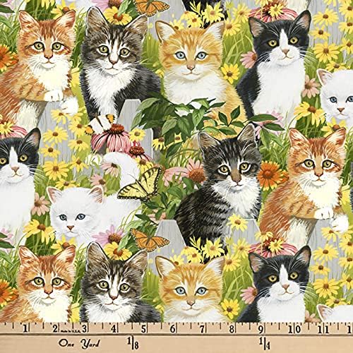 DAVID TEXTILES Cats & amp; Daisies țesătură de bumbac lângă curte, Multicolor, 45 inci