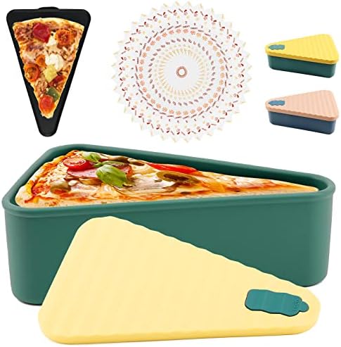 Container de depozitare pentru pizza ATAMOW, recipient de depozitare pentru felii de pizza din silicon cu o tavă de servire reutilizabilă și hârtie de ceară de 50 de coli, deținător de Pizza pentru a economisi spațiu, fără BPA, cuptor cu microunde și mașină de spălat vase