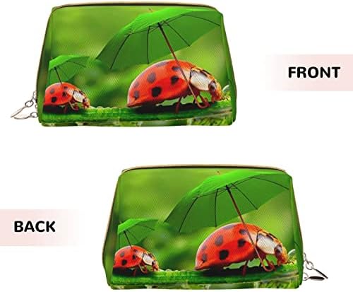 Ognot Funny Ladybug Holding Umbrellas Organizator de călătorii de toaletă pentru bărbați și femei, geantă de machiaj din piele