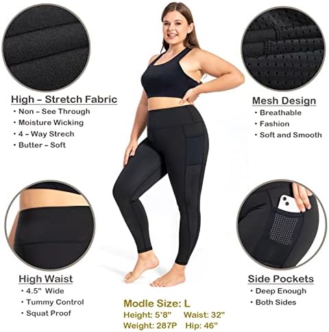 Mejing Plus Size Yoga Pantaloni cu buzunare pentru femei, Leggings cu plasă L-5XL