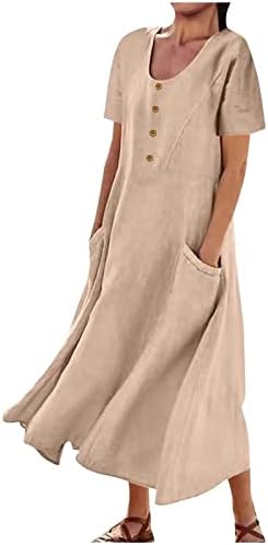 Rochie de lenjerie de bumbac de vară rochie lungă pentru femei, cu buton casual, gât, gât, cu mânecă scurtă, cu buzunar