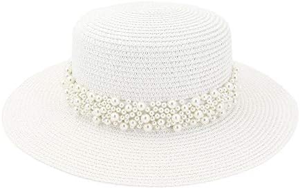Adahop Women Boater Straw pălărie în aer liber litoral plajă soare plat top top Caps cu o bandă largă de decorare a perlelor feminin