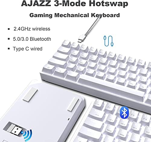 A. JAZZ AK692 Compact Hot-Swappable Wireless număr Pad Tastatură mecanică jocuri 5.0 Bluetooth Tip C Mod cu fir 4000 mAh lumina reîncărcabilă pentru Mac Laptop IP Ad PC Telefon PS4 Gamer Office-Alb