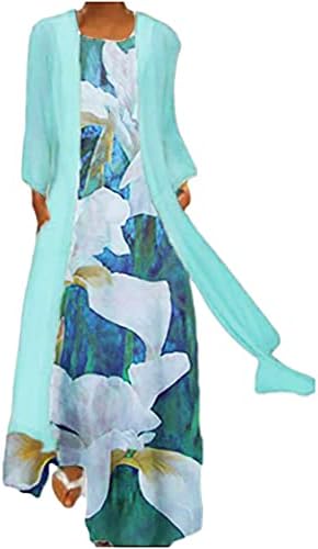 Rochie de vară pentru femei 2023 o-Neck Fără mâneci șifon Solid Cardigan Floral imprimare rochie lungă Flowy două piese Set