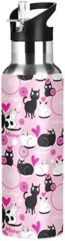 Valentine's Black White Cat Love Water Bottle Thermos cu capac de paie pentru fete pentru băieți pentru copii, 600 ml, căni