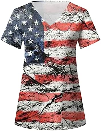 4 iulie Camasi pentru femei Usa Flag vara maneca scurta V Neck tricou cu 2 buzunare Bluze vacanță Casual Workwear