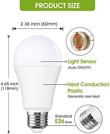 Becuri LED cu senzor LOHAS A19, bec amurg până în zori, echivalent 100W, lampă LED de bază E26 alb moale 3000k, iluminare automată