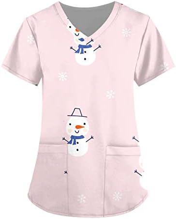Femei moda Crăciun imprimare Scrub Topuri bluza clasic V-Neck maneca scurta Workwear Asistenta Uniforma Tee cu buzunare