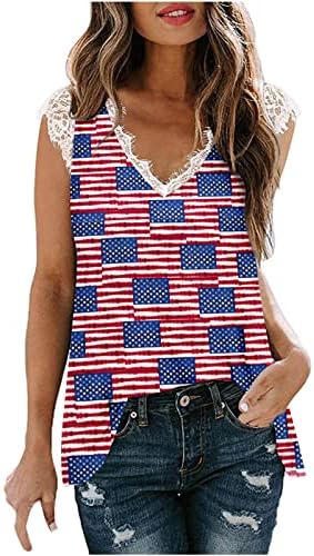 Rezervoare de vară pentru femei Topuri de Ziua Independenței Tricouri Americane Flag Tunică Dantelă V Neck Mânecels Cămașă Casual Loose Tees