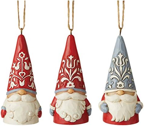Enesco Jim Shore Heartwood Creek Nordic Noel Gnomes Set de ornament de atârnare în miniatură, 3 H, alb murdar, roșu, gri