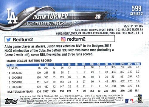 Seria Topps 2018 2599 Justin Turner Los Angeles Dodgers Card de baseball - Gotbaseballcards