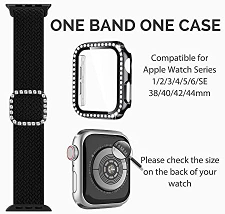 Benzi solo împletite Aniyoh compatibile cu Apple Watch 38mm 40mm 42mm 44mm cu carcasă bling, Reglabil Nylon Elastics Sport