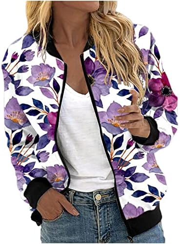 Jachete cu imprimare florală pentru femei, haine pentru femei, cu fermoar, deschise outwear suport pentru gât bombardier clasic