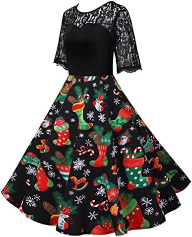 Rochie de Crăciun vintage pentru femei, rochie retro pentru femei dantelă patchwork rochie de petrecere a unei linii de flacără