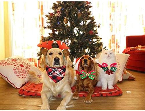 2pack câine bandana de Crăciun Triunghiul pentru animale de companie eșarfă roșie și verde, cu 2pcs guler de Crăciun papion