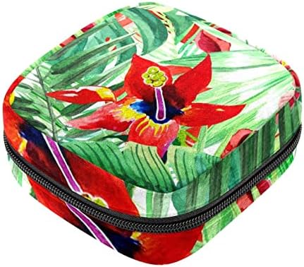 Geantă de depozitare pentru tampoane sanitare, portabilă pentru femei Fete lavabile reutilizabile, floare Hawaiiană frunze