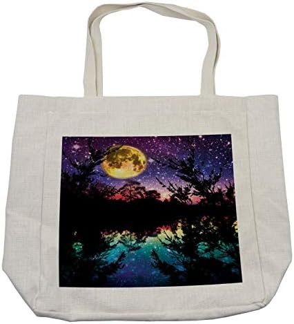 Geantă de cumpărături purpuriu din Ambessonne, Lacul Moonlight Stars in Sky Night cu copaci Design modern contemporan, geantă