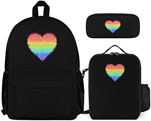 Glitter Rainbow Heart 3 buc Rucsac set cutie de prânz portabil Ice Cooler Tote sac cu curea de umăr reglabilă