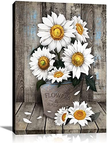 Încadrat Rustic Farmhouse White Sunflower Wall Art Decor pentru imagine Imprimare Floral Vintage Wood Wood Canvas Canvas pentru
