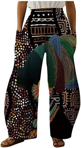 NDVYXX Pantaloni pentru femei Elastic talie largă picior bumbac și lenjerie pantaloni Slack Buzunare Casual imprimate Lounge