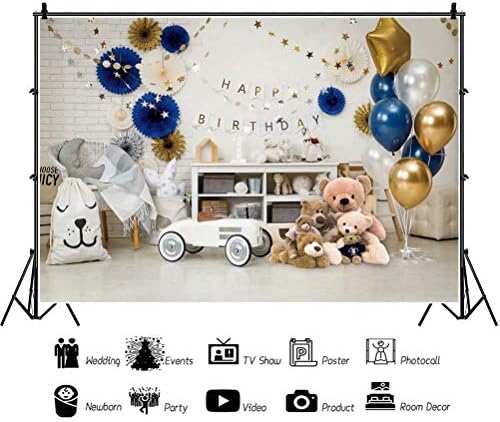 Dashan 5x3ft Poliester Happy Birthday background Baby Boy 1st Birthday Cake Smash Balloon Teddy Bear Car Living caramida perete