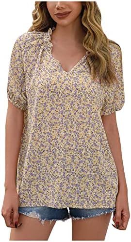 Femei vara topuri libere moda tricou cu mânecă scurtă florală cu mânecă scurtă plisată v-guler bluză de tracțiune casual confortabilă